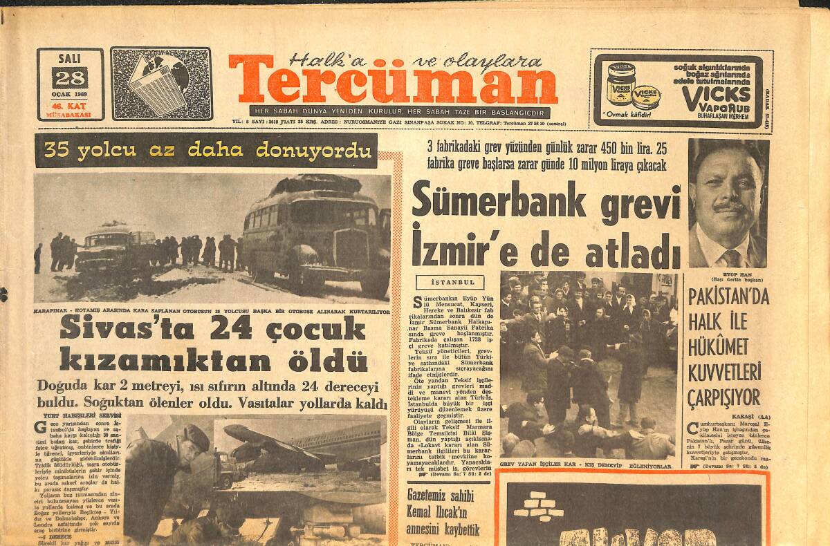 Tercüman Gazetesi 28 Ocak 1969 - Sümerbank Grevi İzmir'e de atladı. - Bağdat ve Barsa'da 14 Casus İdam Edildi. GZ144228 - 1