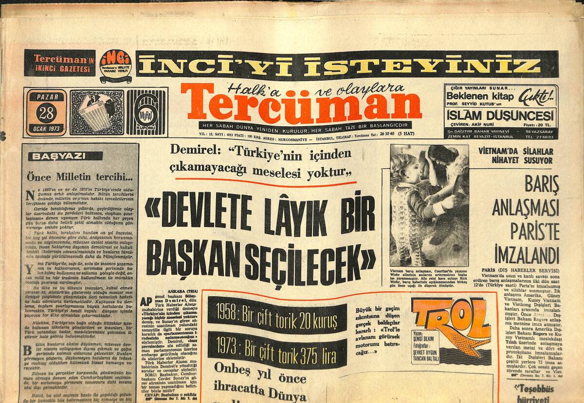 Tercüman Gazetesi 28 Ocak 1973 - İsrail Ajanları Kıbrıs'ta E.O.K.A.'yı Destekliyor - Barış Anlaşması Paris'te İmzalandı GZ141558 - 1