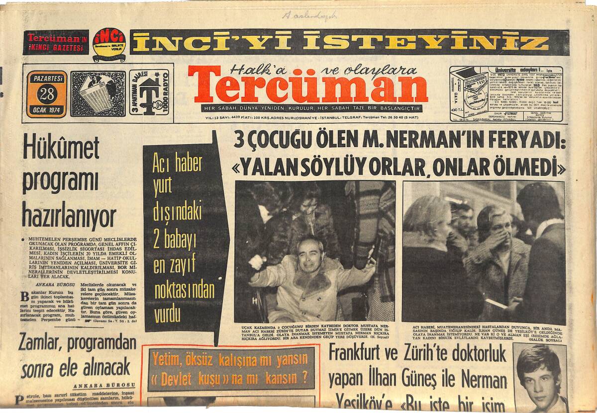 Tercüman Gazetesi 28 Ocak 1974 - Hükümet Programı Hazırlanıyor - Fenerbahçe, Rumeli Milli Takımına 2-1 Yenildi GZ145052 - 1