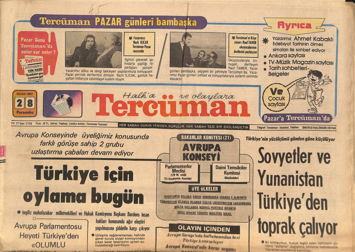 Tercüman Gazetesi 28 Ocak 1982 - Sovyetler Ve Yunanistan Türkiye'den Toprak Çalıyor - Ermeniler Paris'te Bir Bankayı Bombaladı GZ145862 - 1