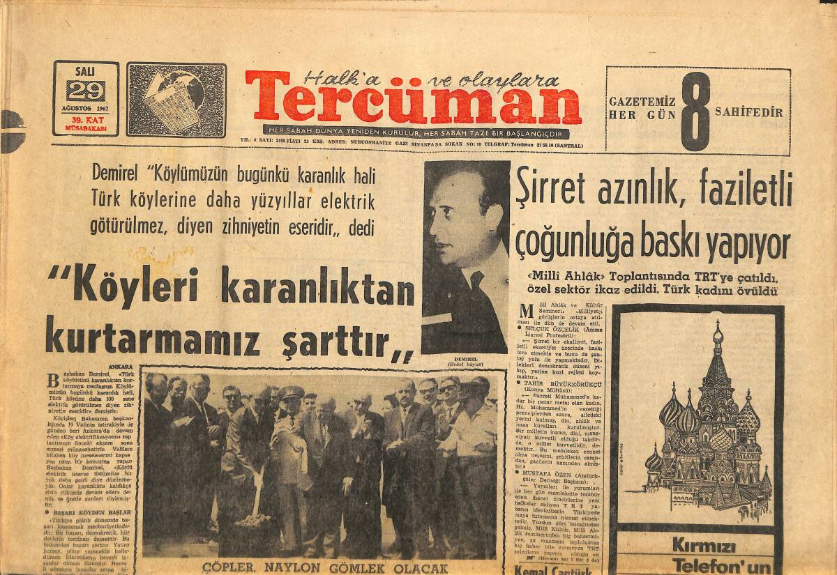 Tercüman Gazetesi 29 Ağustos 1967 - Milli Güvenlik Kurulu Kıbrıs İşini İnceledi - Demirel: Şirret Azınlık, Faziletli Çoğunluğa Baskı Yapıyor! GZ146292 - 1