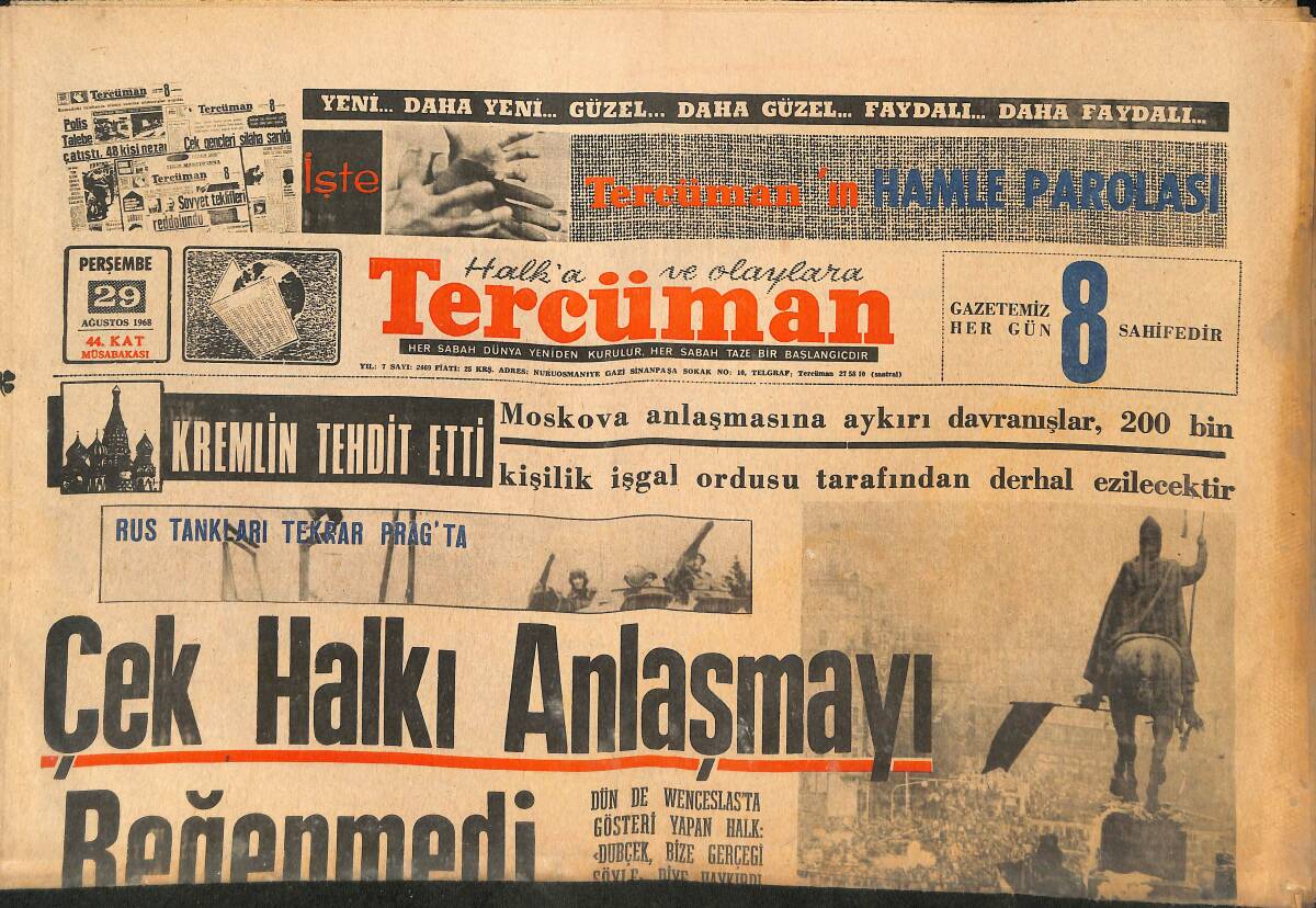 Tercüman Gazetesi 29 Ağustos 1968 - Çek Halkı Anlaşmayı Beğenmedi! - Abdullah Gegiç 'Türk Futbolunun Yıldızları, Eskişehirdedir' GZ145972 - 1