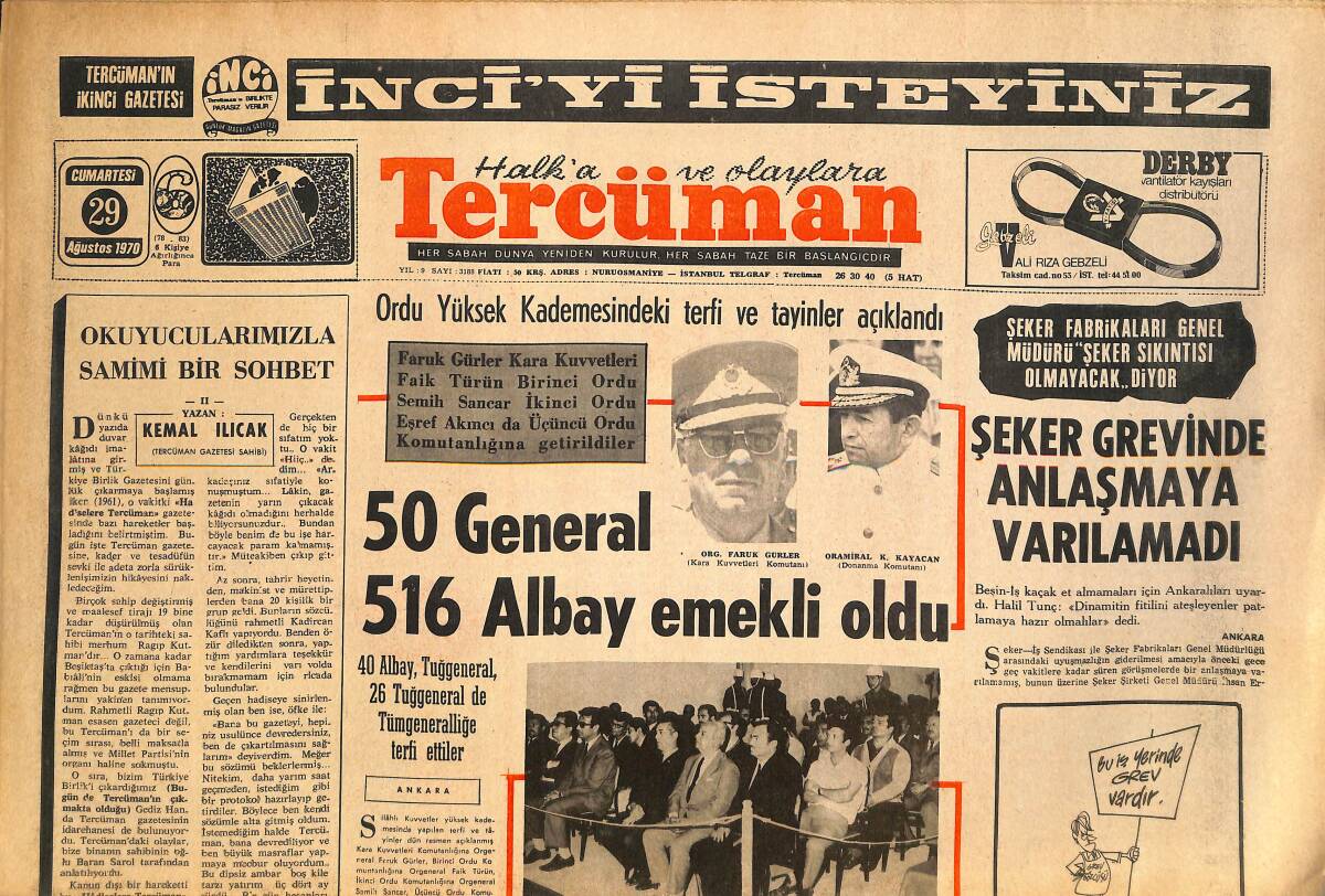 Tercüman Gazetesi 29 Ağustos 1970 - Şeker Grevinde Anlaşmaya Varılamadı - 50 General 516 Albay Emekli Oldu GZ145478 - 1