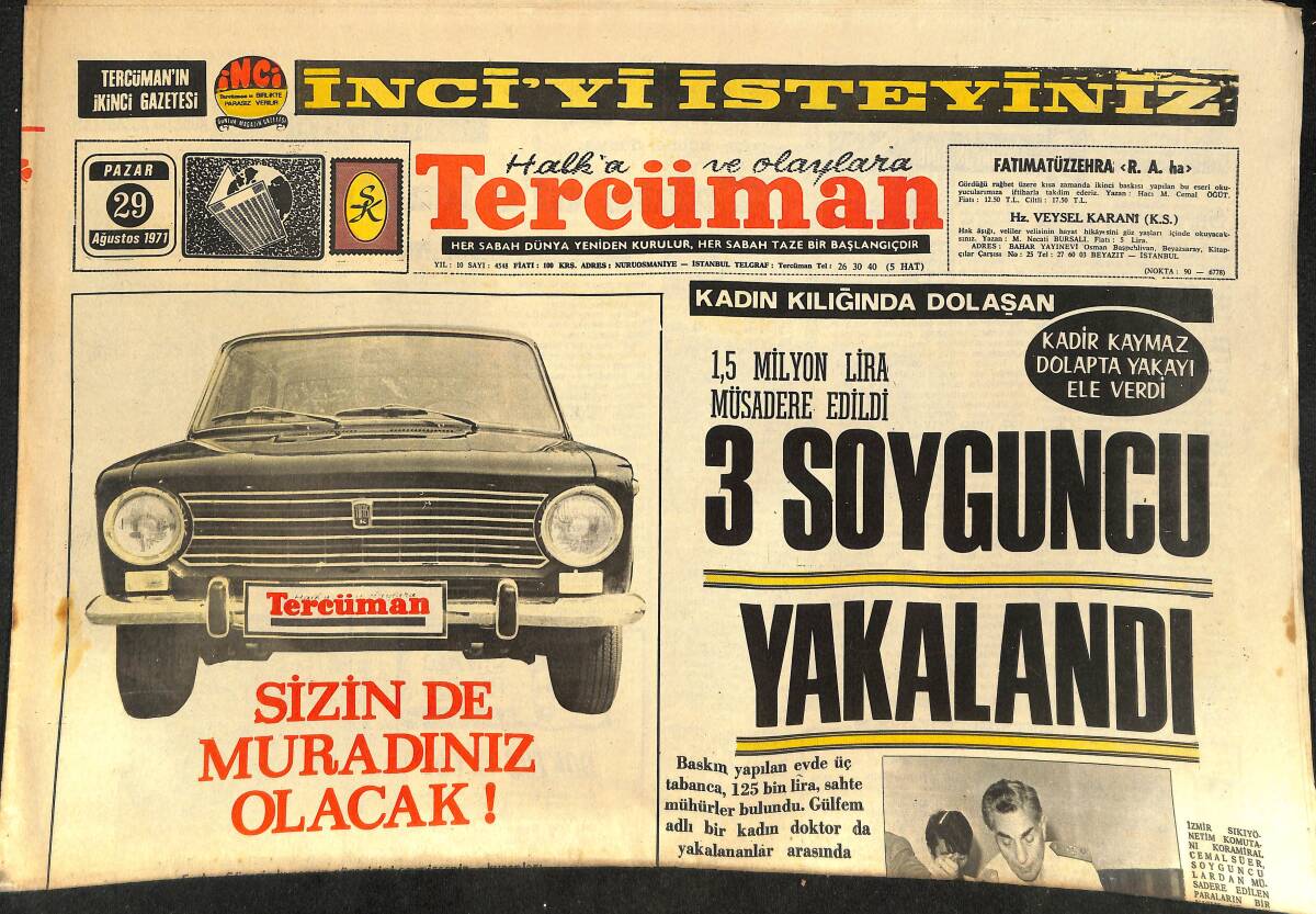 Tercüman Gazetesi 29 Ağustos 1971 - Erim, Türkiye'deki Amerikalı Öğrencilerle - Armstrong'un Eşi Kocasının Hatırasına Düzenlediği Konserde Öldü GZ146387 - 1