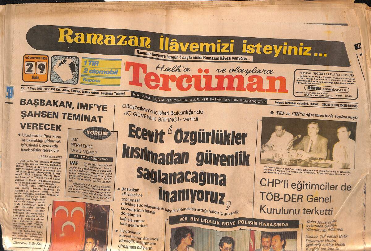 Tercüman Gazetesi 29 Ağustos 1978 - MHP Hilvan İlçe Başkanı Urfa'da Öldürüldü - Bolu Koru Motel Bir Saat İçinde Yandı , Bitti , Kül Oldu GZ134534 - 1