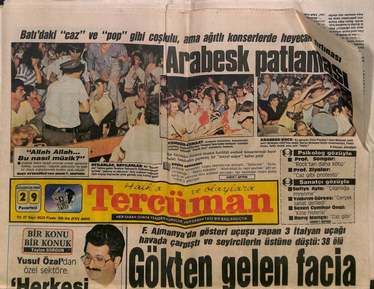 Tercüman Gazetesi 29 Ağustos 1988 - F. Almanya'da Gösteri Uçuşu Yapan 3 İtalyan Uçağı Havada Çarpıştı Ve Seyircilerin Üstüne Düştü : 38 Ölü GZ150268 - 1