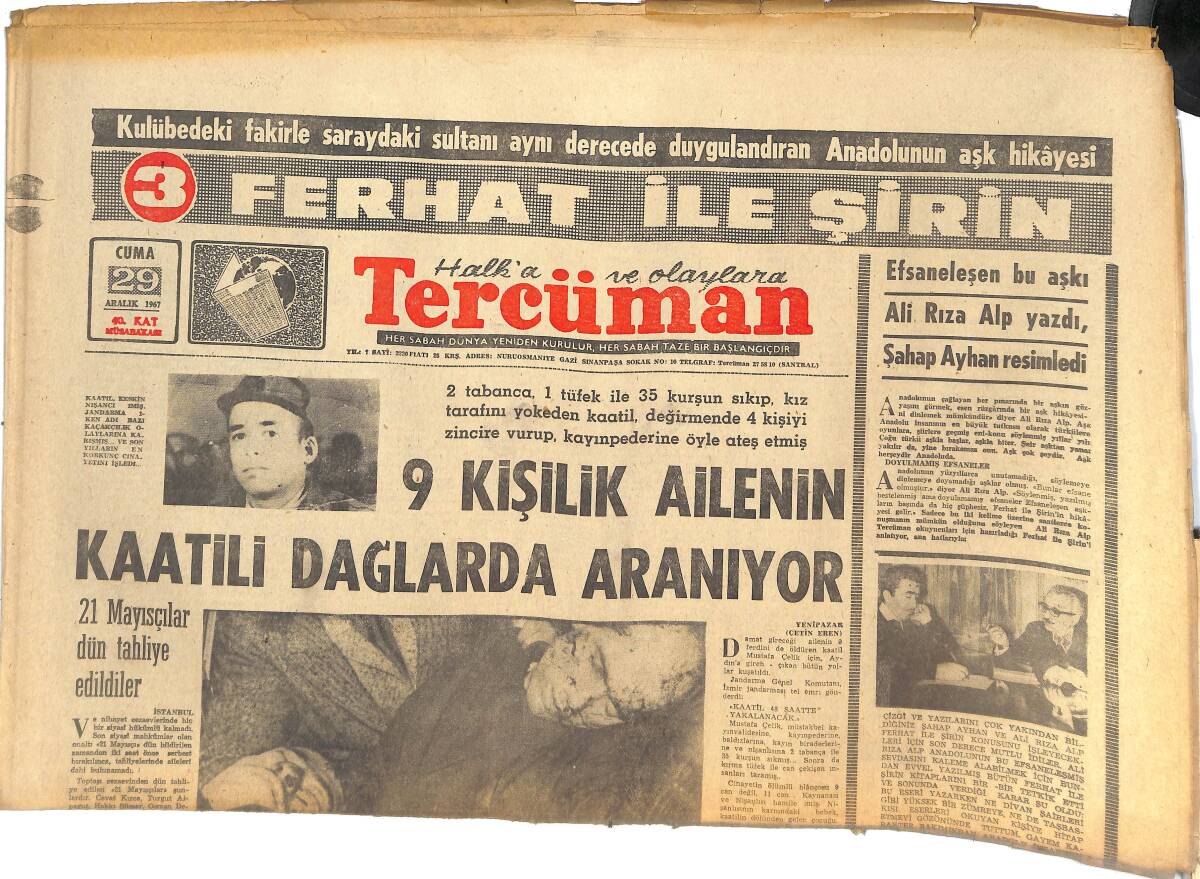 Tercüman Gazetesi 29 Aralık 1967 - 9 Kişilik Ailenin Katili Dağlarda Aranıyor! - 40 Mebus Ve Senatör İçkiye Tövbe Ettiler GZ145162 - 1