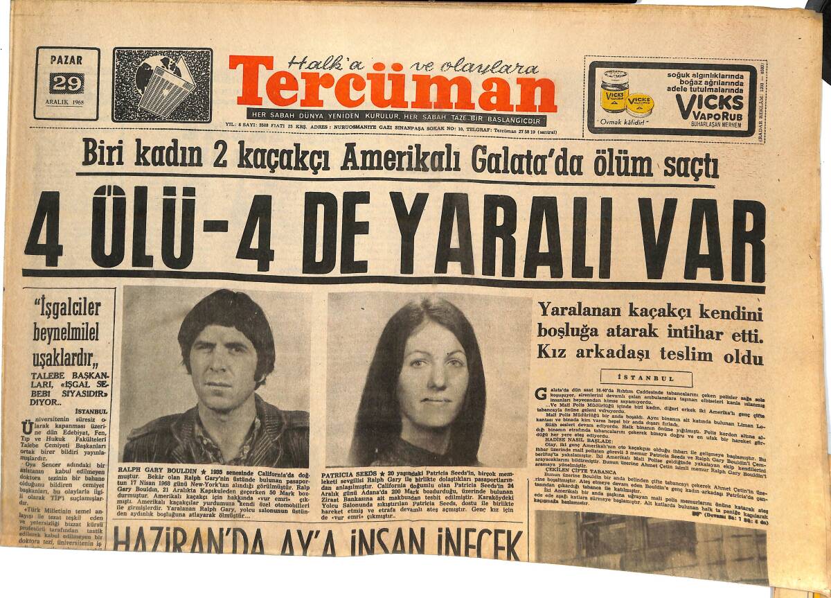 Tercüman Gazetesi 29 Aralık 1968 - Haziran'da Ay'a İnsan Gidecek - Fenerbahçe'nin Yeni Yıl Şansı Kılıç Altında! GZ144719 - 1