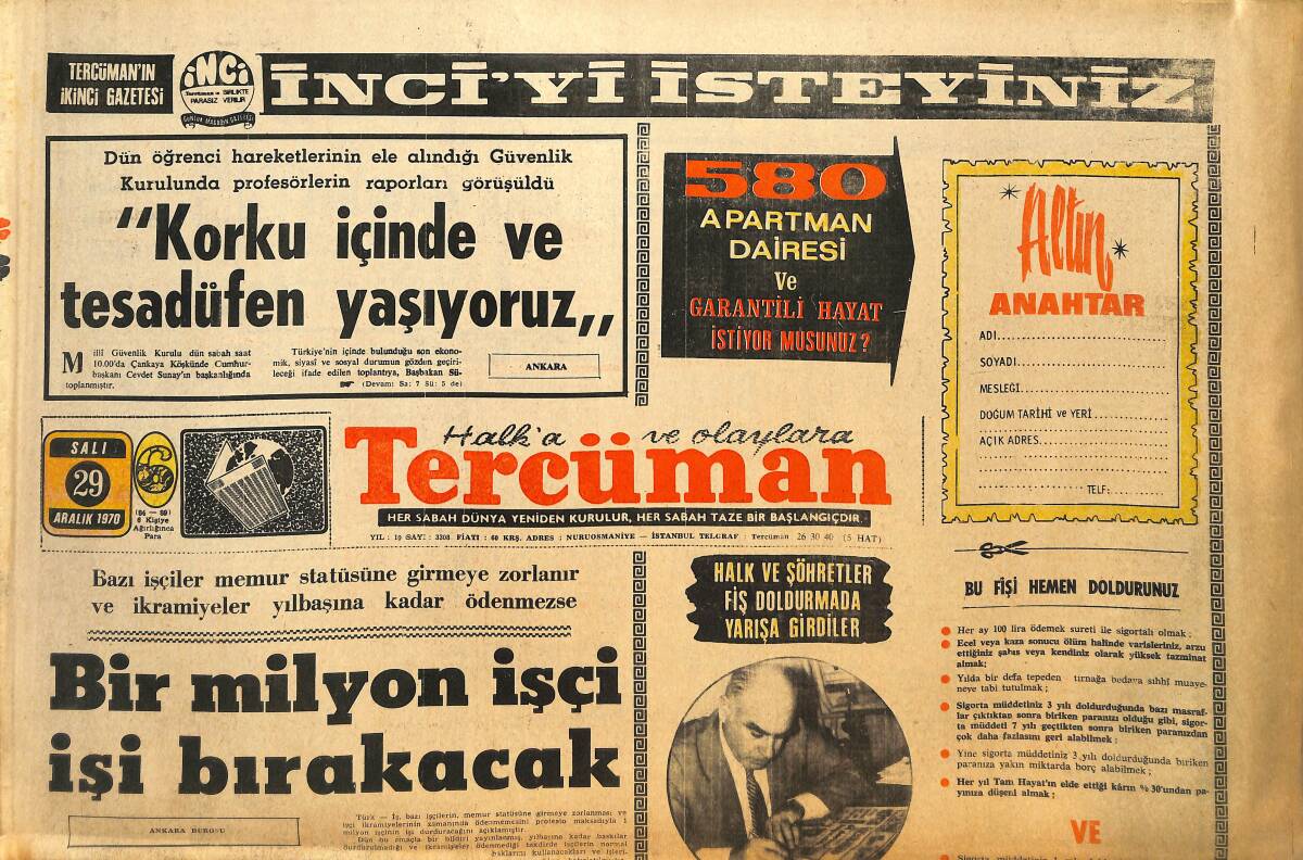 Tercüman Gazetesi 29 Aralık 1970 - Bir Milyon İşçi İşi Bırakacak - Muhammed Ali-Joe Frazier Maçı 8 Mart'ta New York'ta GZ145412 - 1