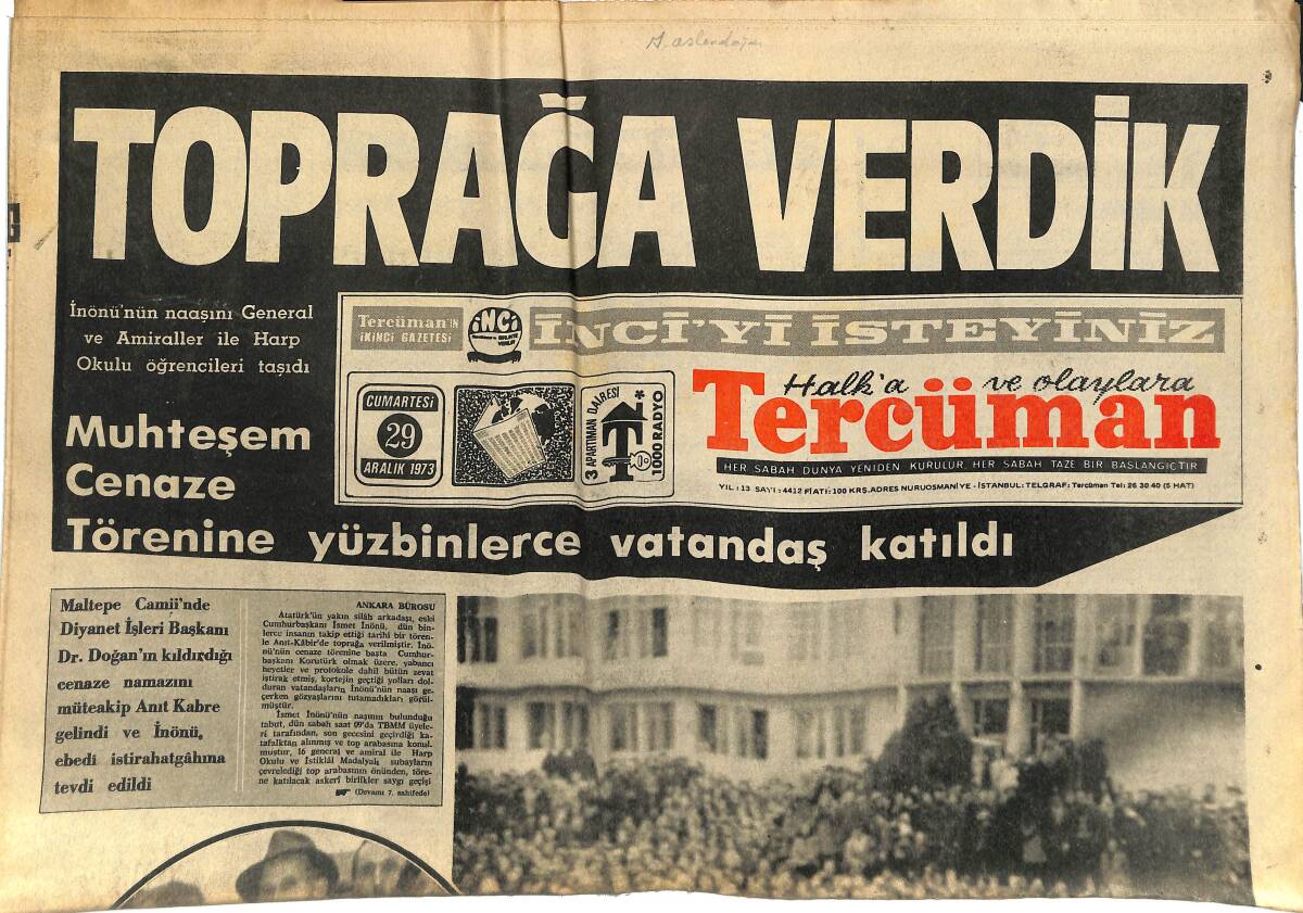 Tercüman Gazetesi 29 Aralık 1973 - İnönü'yü Toprağa Verdik GZ145392 - 1