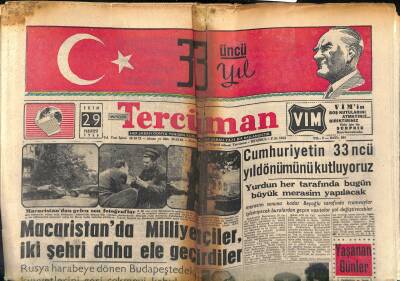 Tercüman Gazetesi 29 Ekim 1956 - Yakup Kadri Karaosmanoğlu Cumhuriyetin İlanına Dair Hatıralarım - Cumhuriyetin 33. Yıldönümünü Kutluyoruz GZ118934 - 1