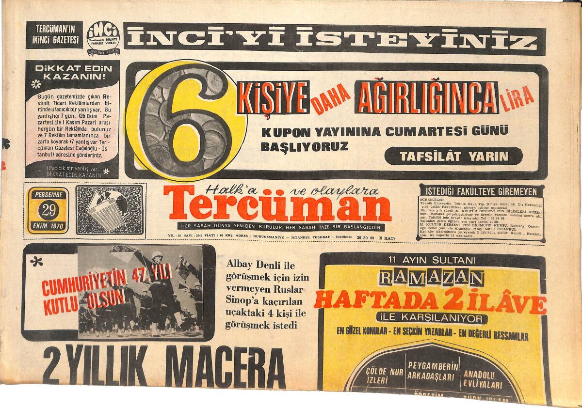 Tercüman Gazetesi 29 Ekim 1970 - Üsse Mensıp 14 Uzman İntihar Etmişti! - Galatasaray İle İTÜ Başkentte Oynuyor! GZ144972 - 1