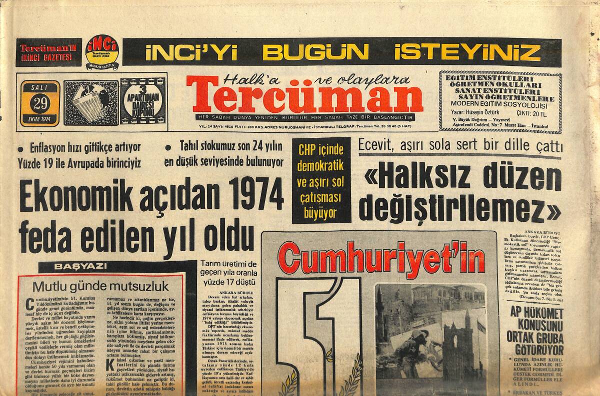 Tercüman Gazetesi 29 Ekim 1974 - Ekonomik Açıdan 1974 Feda Edilen Yıl Oldu - Muhammed Ali Rakibini Kızdırmaya Devam Ediyor 