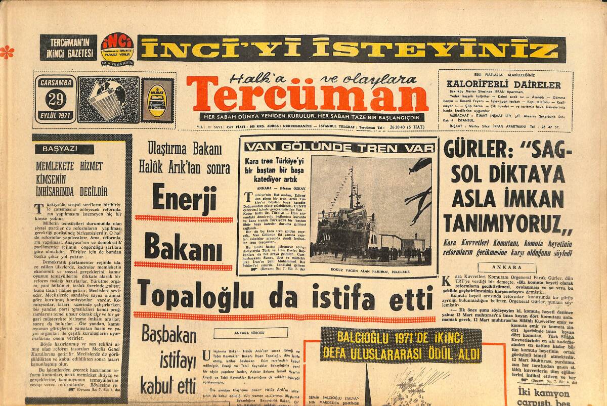 Tercüman Gazetesi 29 Eylül 1971 - Enerji Bakanı Topaloğlu da İstifa Etti - Madanoğlu Davasında Sanık Olan 5 Kurmay Albay Tahliye Edildi GZ145512 - 1