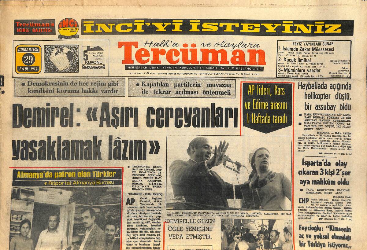Tercüman Gazetesi 29 Eylül 1973 - Yörüngedeki 2 Rus Bugün Dünya'ya İniyor - Almanya'da Patron Olan Türkler GZ145921 - 1