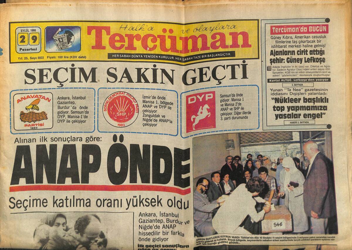 Tercüman Gazetesi 29 Eylül 1986 - Liz Yeni Yıla 7. Koca İle Girecek - ANAP Önde GZ152100 - 1