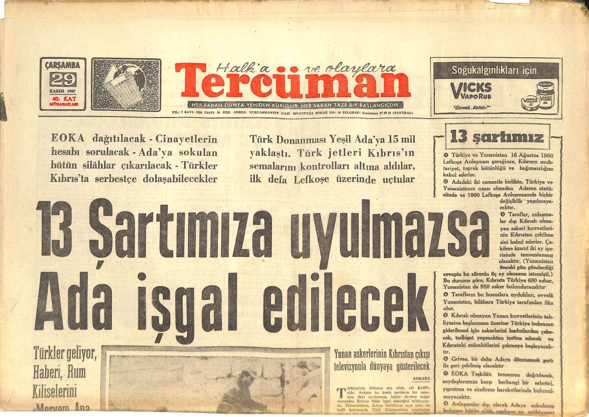 Tercüman Gazetesi 29 Kasım 1967 - Yunan Cuntasına Göre , Savaş Veya Anlaşma Günü Geldi GZ145127 - 1