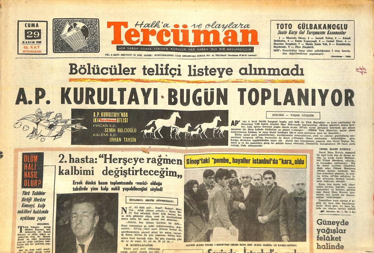 Tercüman Gazetesi 29 Kasım 1968 - A.P. Kurultayı Bugün Toplanıyor - Hamido'nun Delegelik Sıfatını Divan Kaldırdı GZ141734 - 1
