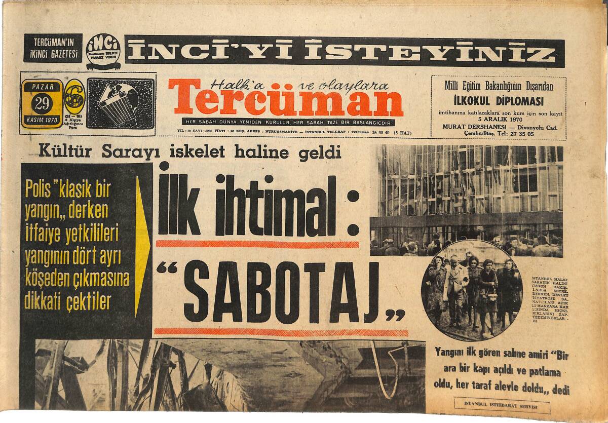 Tercüman Gazetesi 29 Kasım 1970 - Kültür Sarayı İskelet Haline Geldi GZ144849 - 1