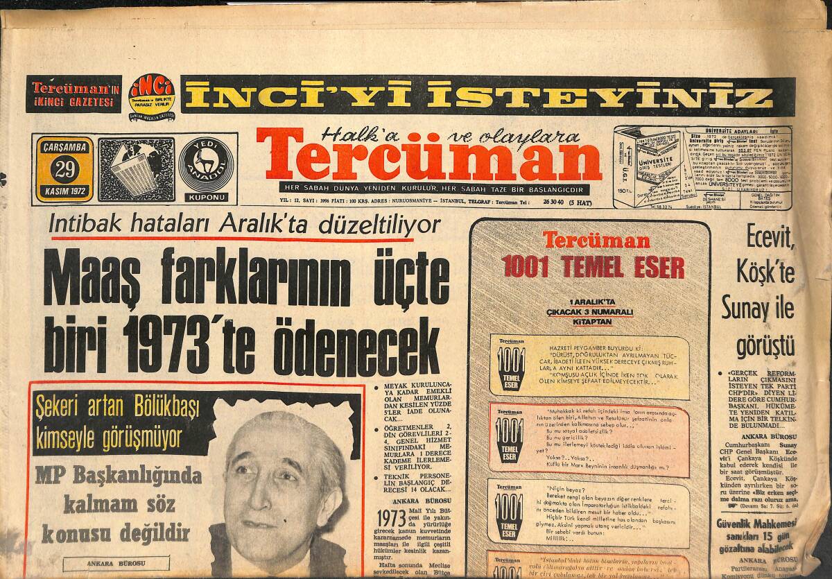 Tercüman Gazetesi 29 Kasım 1972 - Bülent Ecevit, Köşk'te Cevdet Sunay İle Görüştü! - Mersin'de Gripten Gece Sinema Yasak! GZ145833 - 1