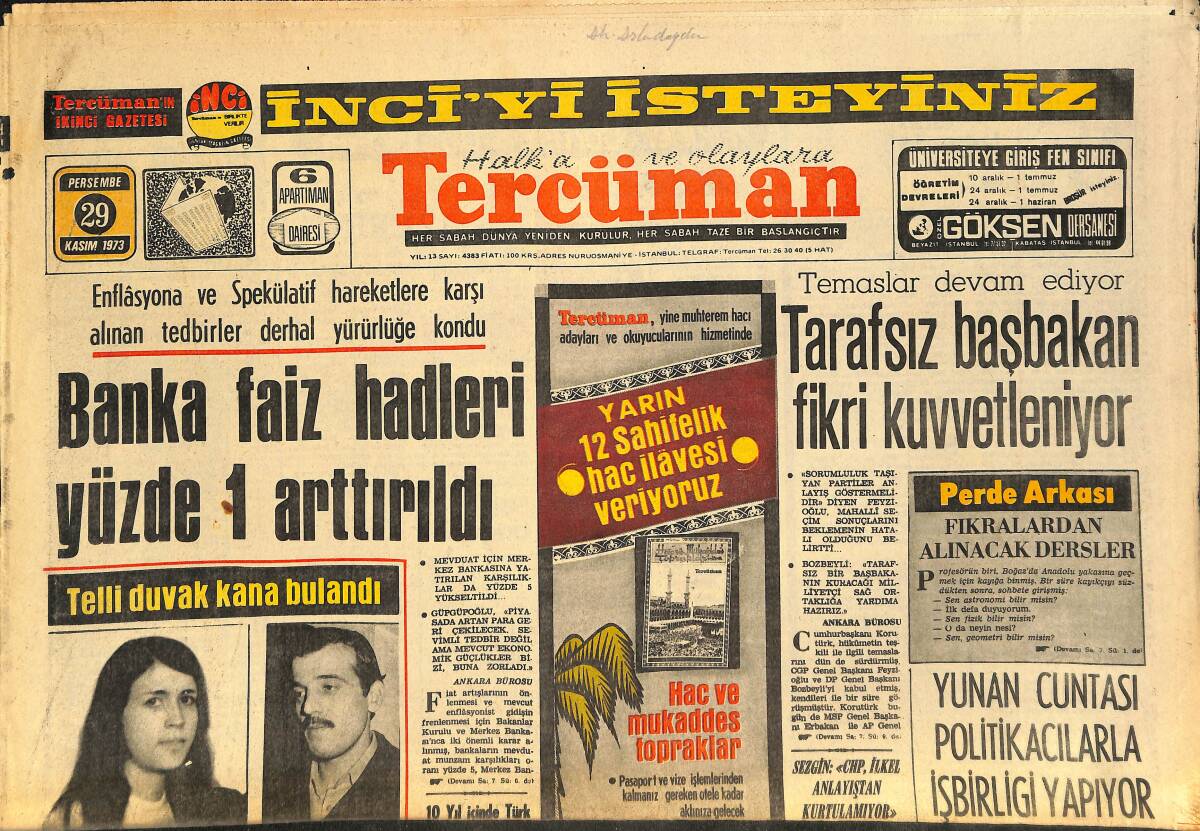 Tercüman Gazetesi 29 Kasım 1973 - Tarafsız Başbakan Fikri Kuvvetleniyor! - Turist İşçilerin İade Edilmesi Çabuklaştırılıyor! GZ145713 - 1