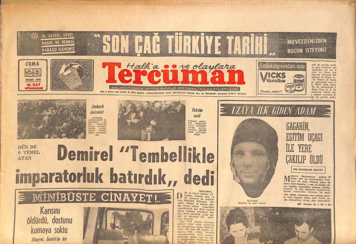 Tercüman Gazetesi 29 Mart 1968 - Demirel Tembellikle İmparatorluk Batırdık - Beşiktaşlı Sami Milli Takımda GZ145238 - 1