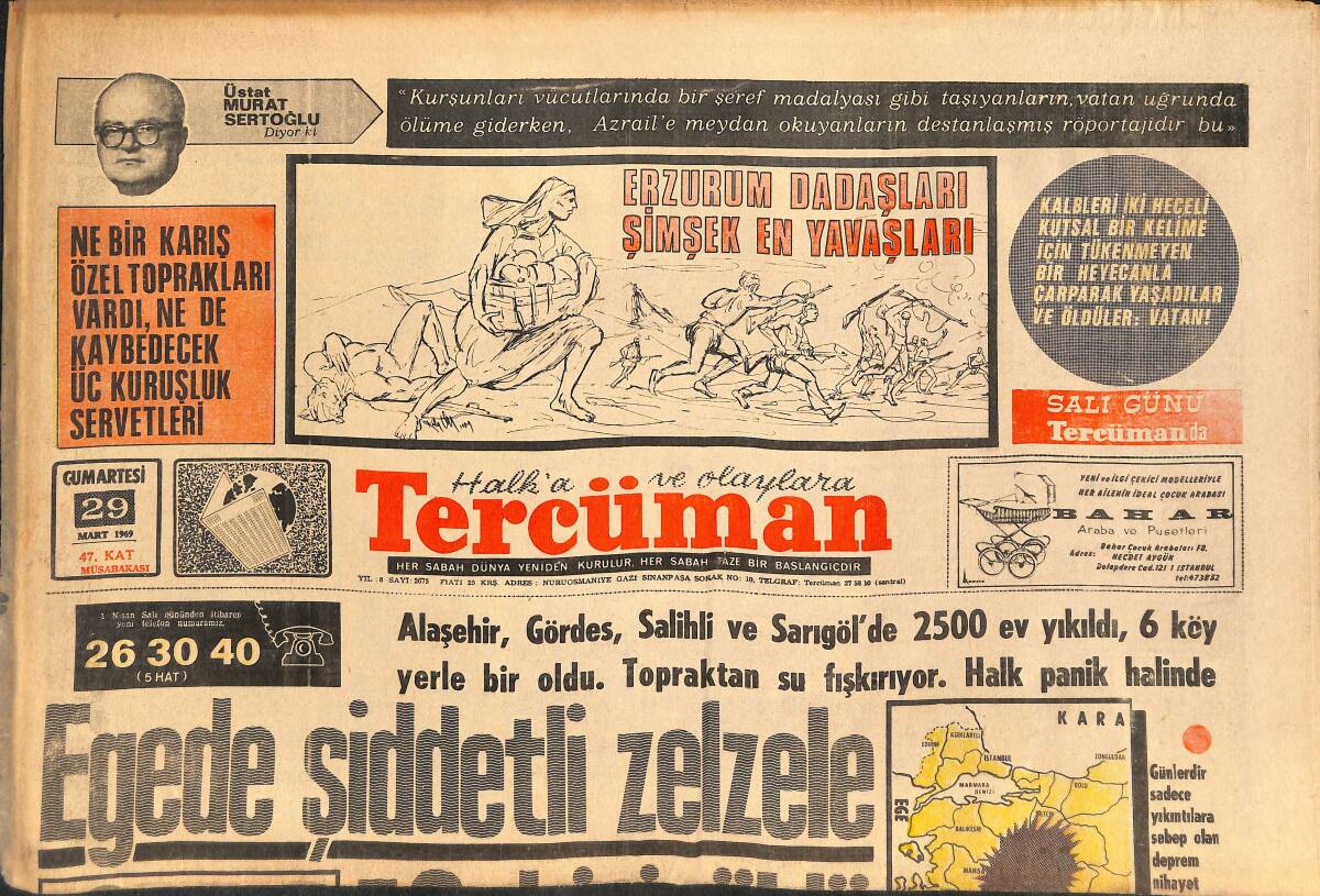 Tercüman Gazetesi 29 Mart 1969 - Galatasaray'ın Kulüp Binası Tamamen Yandı - Egede Şiddetli Zelzele 50 Kişi Oldu! GZ145811 - 1