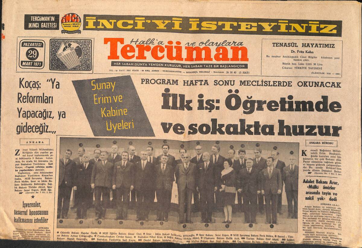 Tercüman Gazetesi 29 Mart 1971 - Pakistan'da Ordu Hakim - Sunay,Erim Ve Kabine Üyeleri GZ159179 - 1