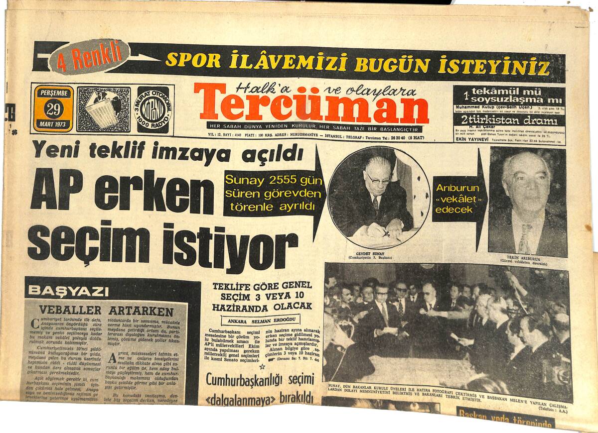 Tercüman Gazetesi 29 Mart 1973 - AP Erken Seçim İstiyor! - Melen: Ecevit'e Telkinim Olmadı! GZ144703 - 1