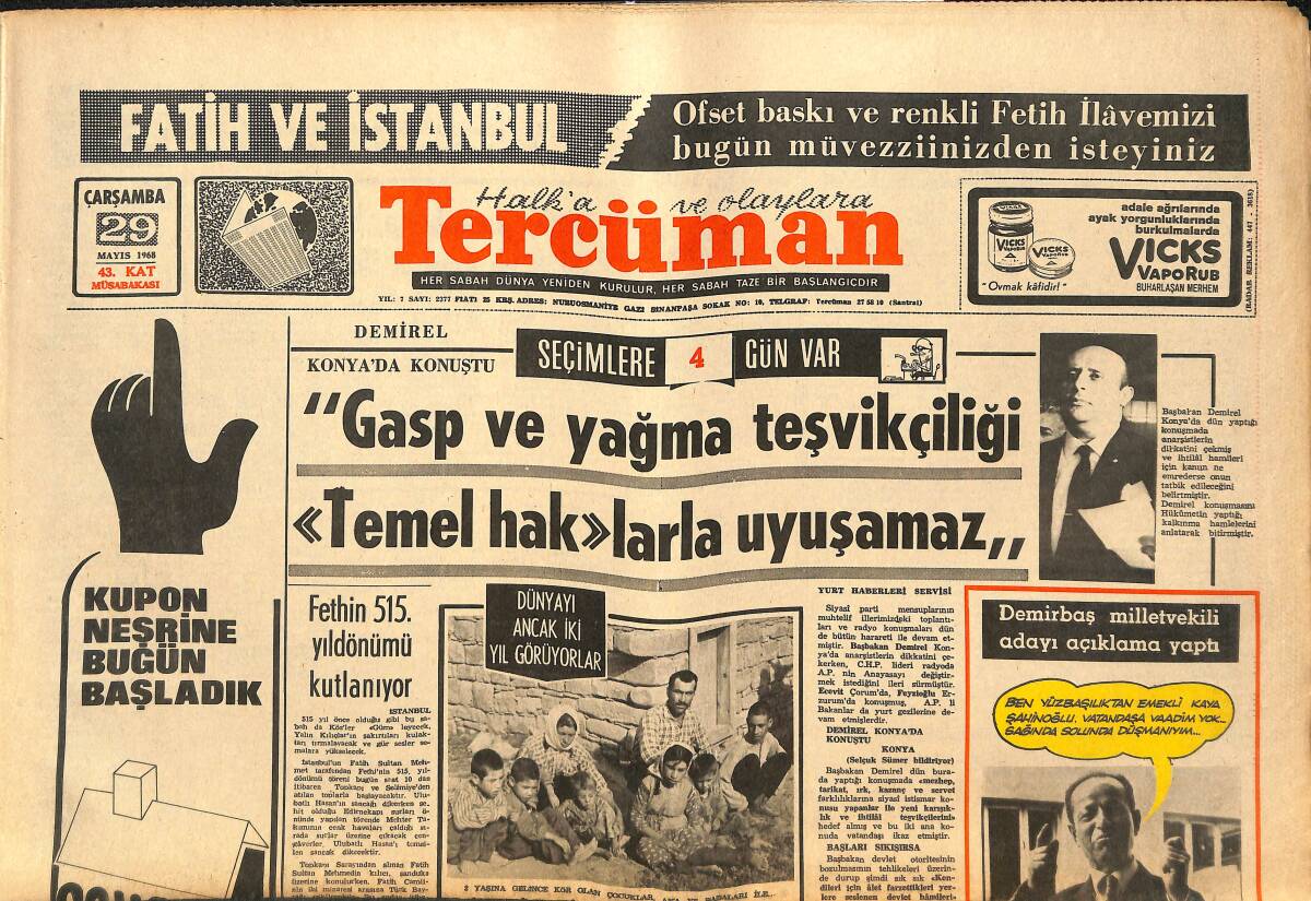 Tercüman Gazetesi 29 Mayıs 1968 - Komünistler Türkiye'deki 16 BİN Camii Yaktılar - İpek Sesli N. Can Baş Solistler Arasında 1. Sırada GZ141455 - 1