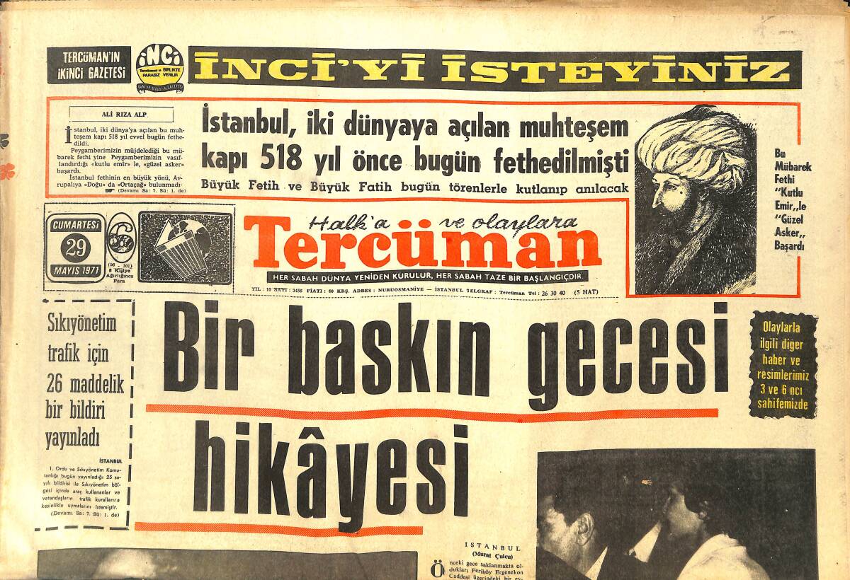 Tercüman Gazetesi 29 Mayıs 1971 - Bir Baskın Gecesi Hikayesi - Mete Has'ı Kaçıran İki Kişi Yakalandı - Giresun Şampiyonluk Turuna Hazırlanıyor GZ144588 - 1
