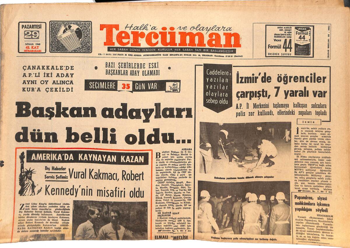 Tercüman Gazetesi 29 Nisan 1968 - Başkan Adayları Dün Belli Oldu... - İzmir'de Öğrenciler Çarpıştı GZ144777 - 1