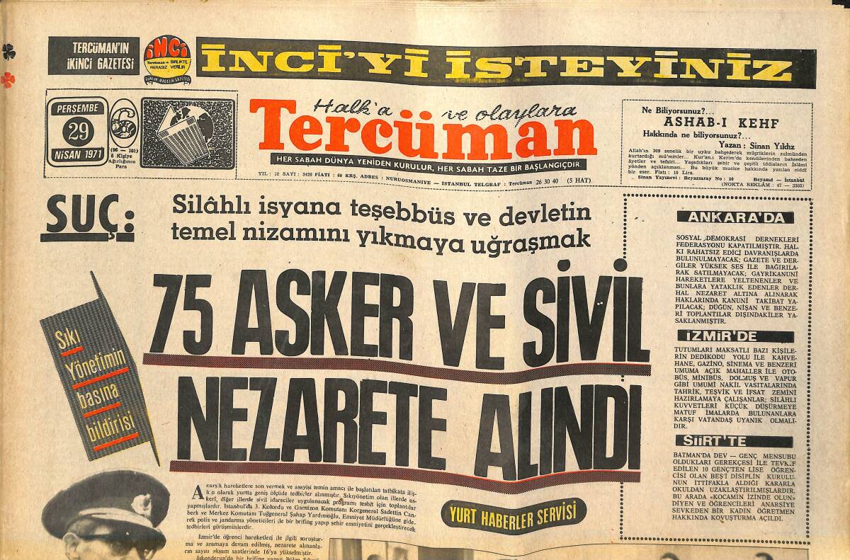 Tercüman Gazetesi 29 Nisan 1971 - Fenerbahçe'nin Teknik Direktör Adayı : Adnan Suvari - 75 Asker Sivil Nezarete Alındı GZ141673 - 1