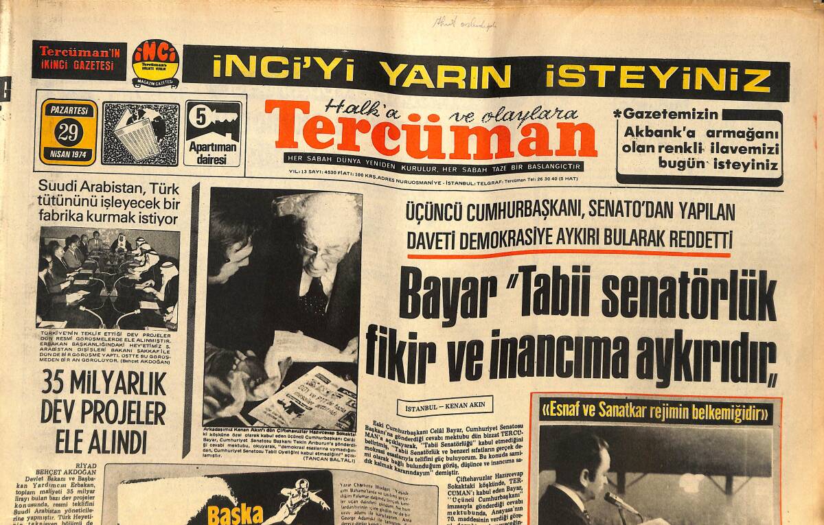Tercüman Gazetesi 29 Nisan 1974 - Sophia Loren İstanbul'a Geldi - İzmit'te Şahane Bir Konser Var: Peri Han, Ekrem Bora GZ141769 - 1