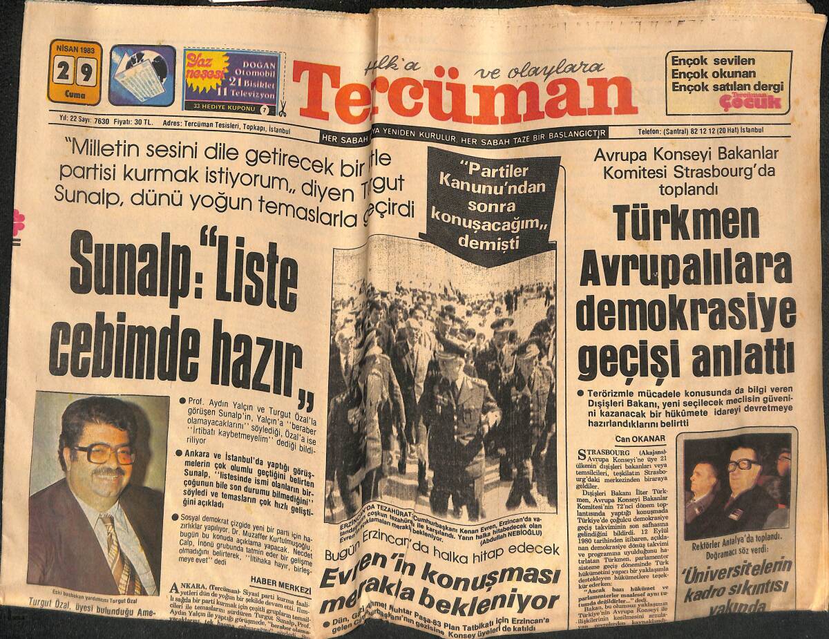 Tercüman Gazetesi 29 Nisan 1983 - Milli Takım Kalesi Adem'e Verilmeli - Evren'in Konuşması Merakla Bekleniyor GZ134623 - 1