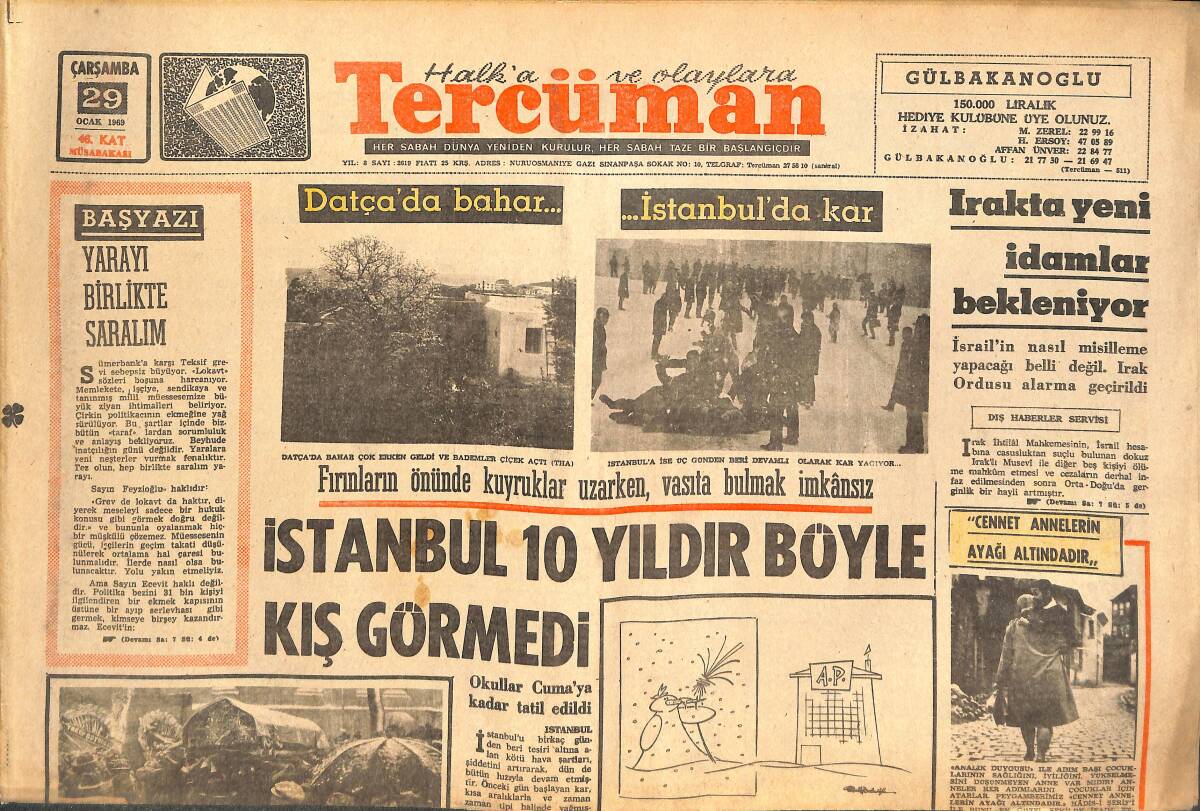Tercüman Gazetesi 29 Ocak 1969 - İstanbul 10 Yıldır Böyle Kış Görmedi - Pakistan'da Son Olaylarda 24 Kişi Öldü GZ144474 - 1