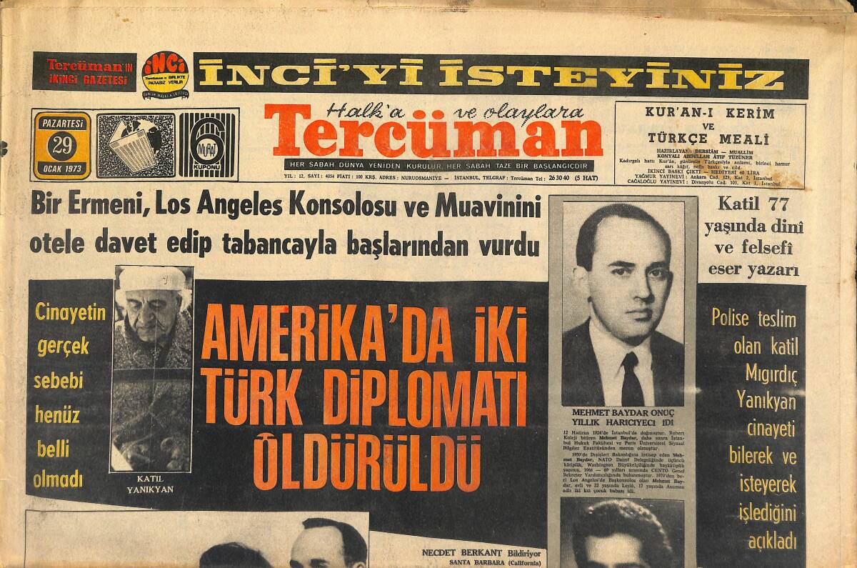 Tercüman Gazetesi 29 Ocak 1973 - Amerika'da İki Türk Diplomatı Öldürüldü - Galatasaray Bursaspor'u Ezip Geçti... GZ146084 - 1