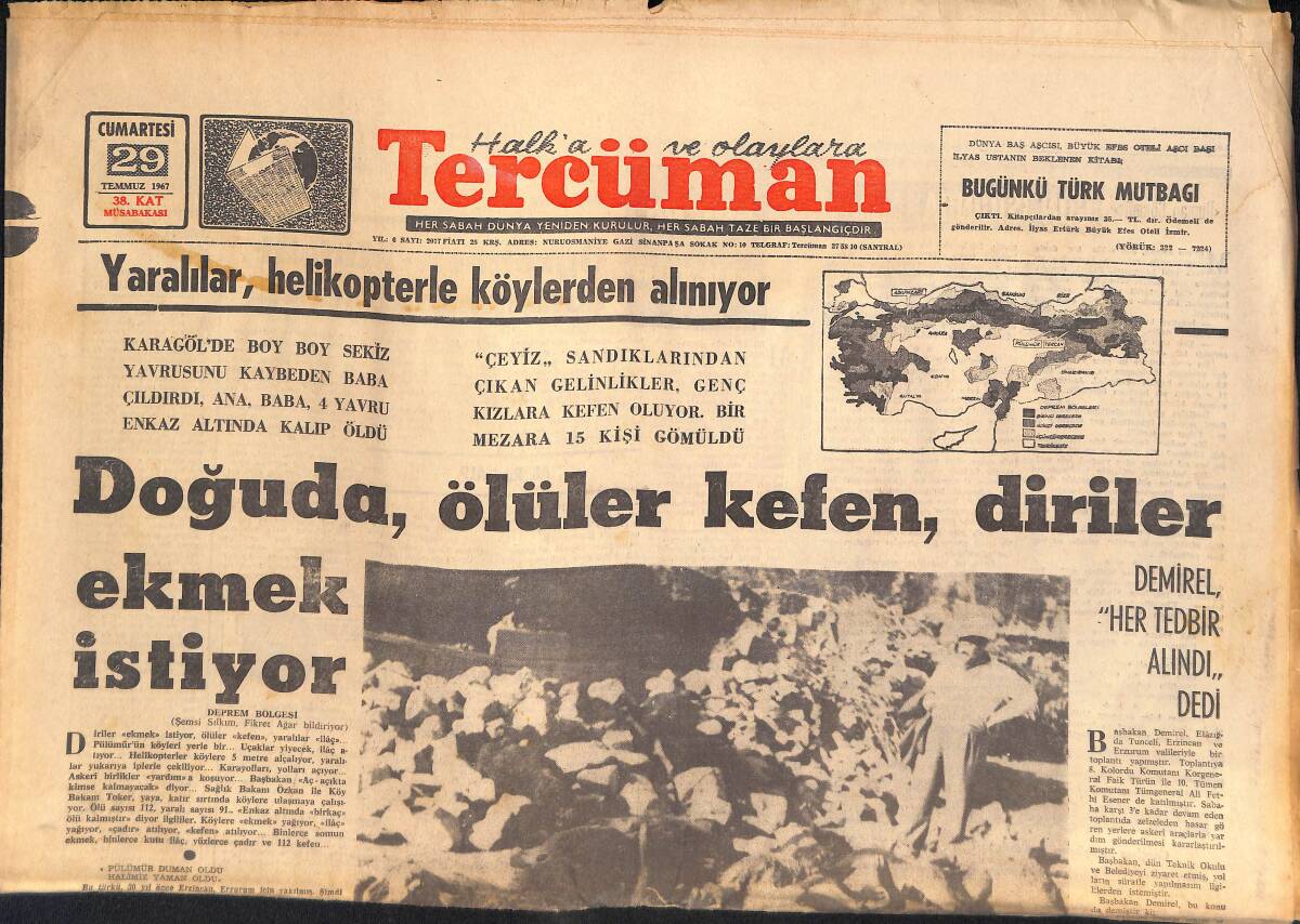 Tercüman Gazetesi 29 Temmuz 1967 - Doğuda, Ölüler Kefen, Diriler Ekmek İstiyor! - Fenerbahçe Salı Günü Racing'le Oynuyor! GZ145241 - 1