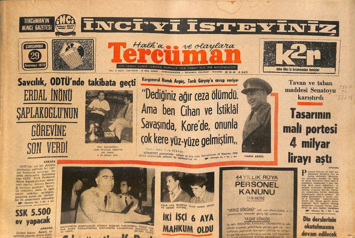 Tercüman Gazetesi 29 Temmuz 1970 - Erdal İnönü Şaplakoğlu'nun Görevine Son Verdi! - Bobek Altay'la Anlaştı! GZ145961 - 1