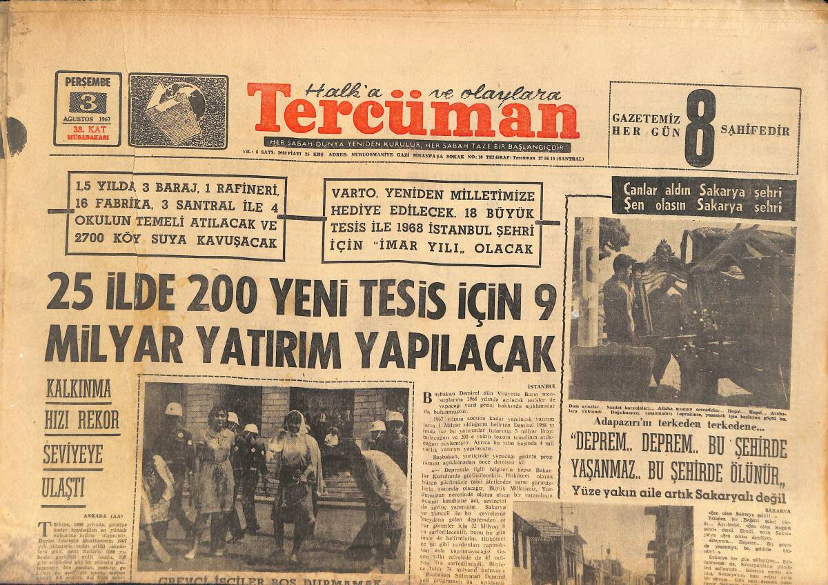 Tercüman Gazetesi 3 Ağustos 1967 - Tamer Yiğit'in Güzel Alman Sevgilisi İntihara Kalkıştı! - 1968 Yılında Spor Tesisleri İçin 68 Milyon Harcanacak! GZ145240 - 1