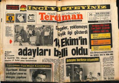 Tercüman Gazetesi 3 Eylül 1973 - Delegeler , Yoklamaya Büyük İlgi Gösterdi 14 Ekimin Adayları Belli Oldu GZ67536 - 1