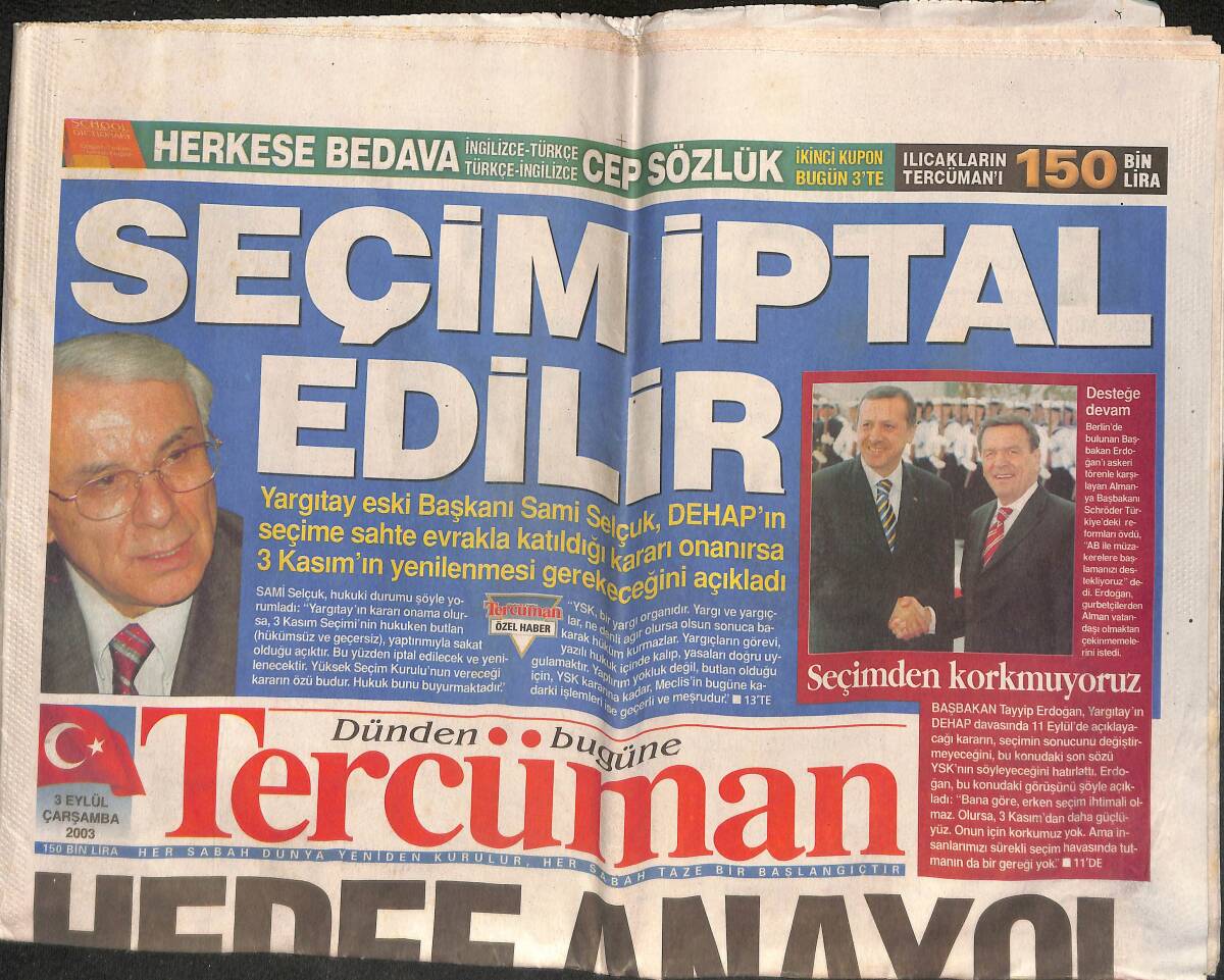 Tercüman Gazetesi 3 Eylül 2003 - Hülya Avşar'a İsyan - Kartal'a 8 Puan Yeter GZ134742 - 1
