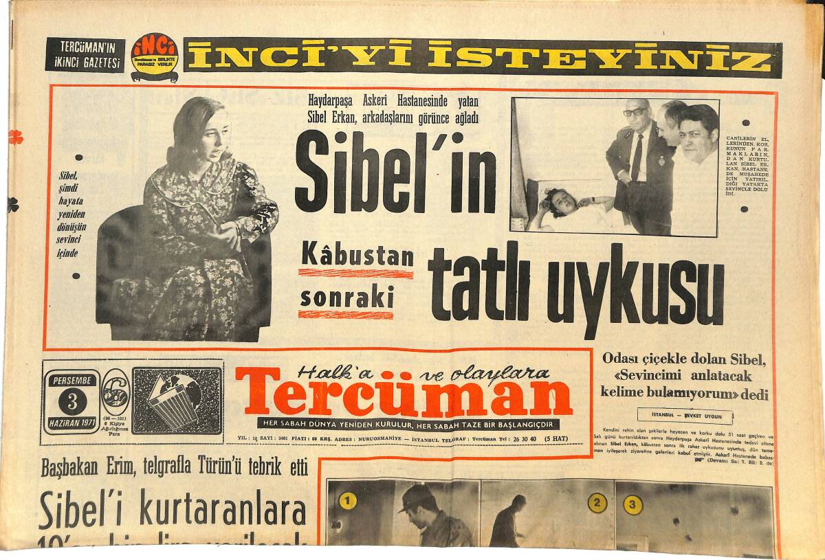 Tercüman Gazetesi 3 Haziran 1971 - Sibel Erkan'ın Kabustan Sonraki Tatlı Uykusu - Galatasaray Tur İçin Başkente Gidiyor GZ144643 - 1