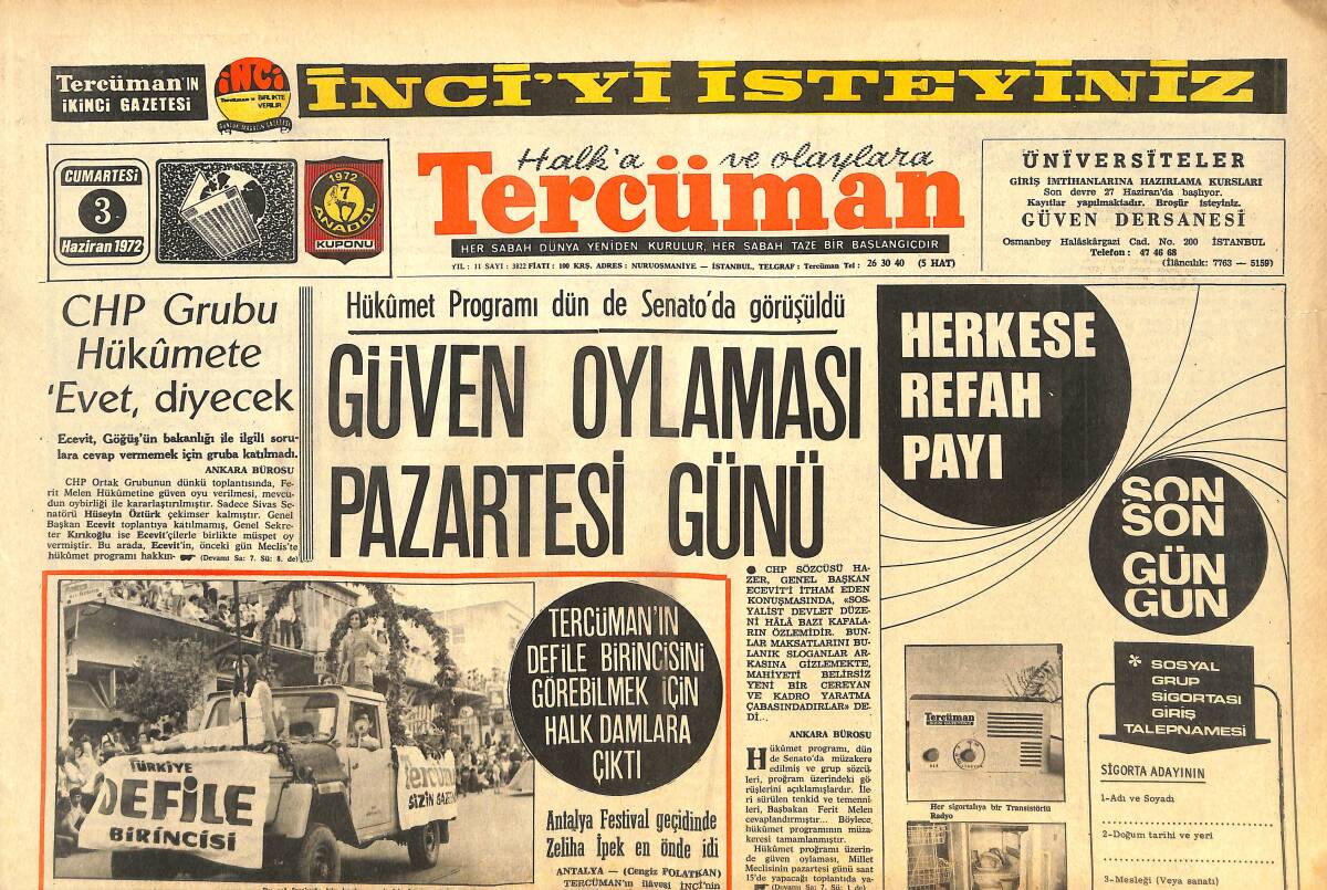 Tercüman Gazetesi 3 Haziran 1972 - Güven Oylaması Pazartesi Günü - Japon Gerillalar Lod Katliamı İçin Para Almamışlar GZ144203 - 1
