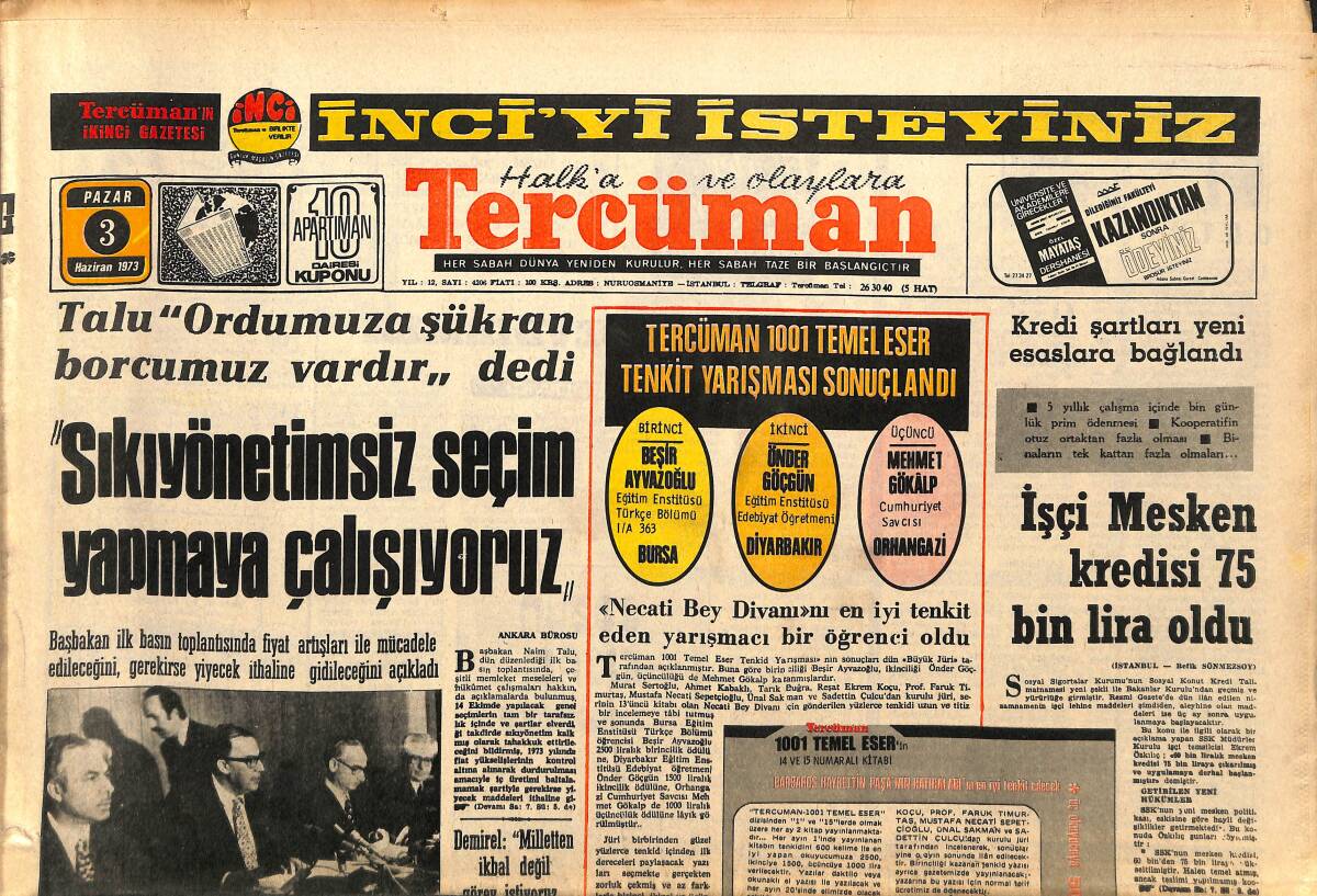 Tercüman Gazetesi 3 Haziran 1973 - İzmir Valisi Şentürk İstanbul'a Vali Oluyor - Şaki Hekimo İstanbul'da Yakalandı GZ141757 - 1