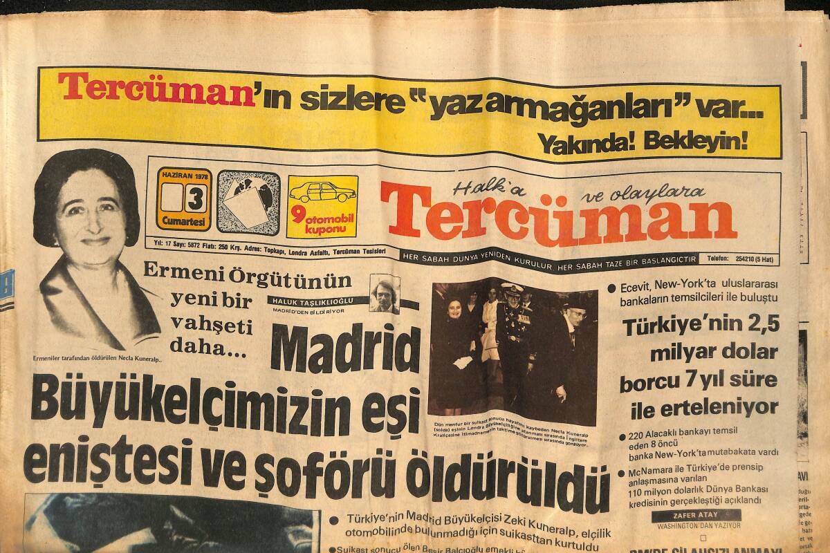 Tercüman Gazetesi 3 Haziran 1978 - Madrid Büyükelçimizin Eşi Eniştesi Ve Şoförü Öldürüldü - İzmir'de Bayrağa Saygı Mitingi GZ133269 - 1
