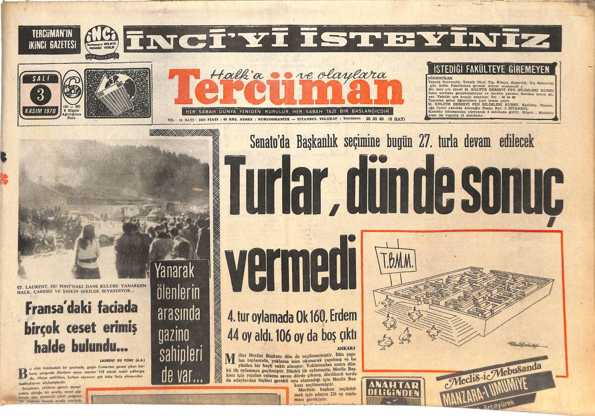 Tercüman Gazetesi 3 Kasım 1970 - Fransa'daki Faciada Birçok Ceset Erimiş Halde Bulundu... - Meclis İtibarını Yitirme Oynaşmaları GZ144977 - 1