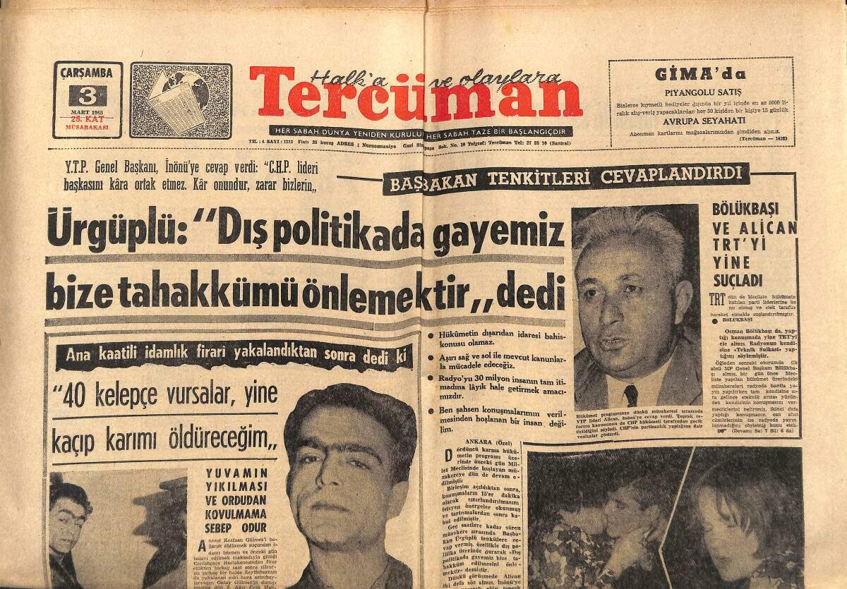 Tercüman Gazetesi 3 Mart 1965 - Tekman, Çat Ve Ilıcada Dün 50 Çocuk Öldü - Bölükbaşı Ve Alican TRT'Yi Yine Suçladı GZ140566 - 1
