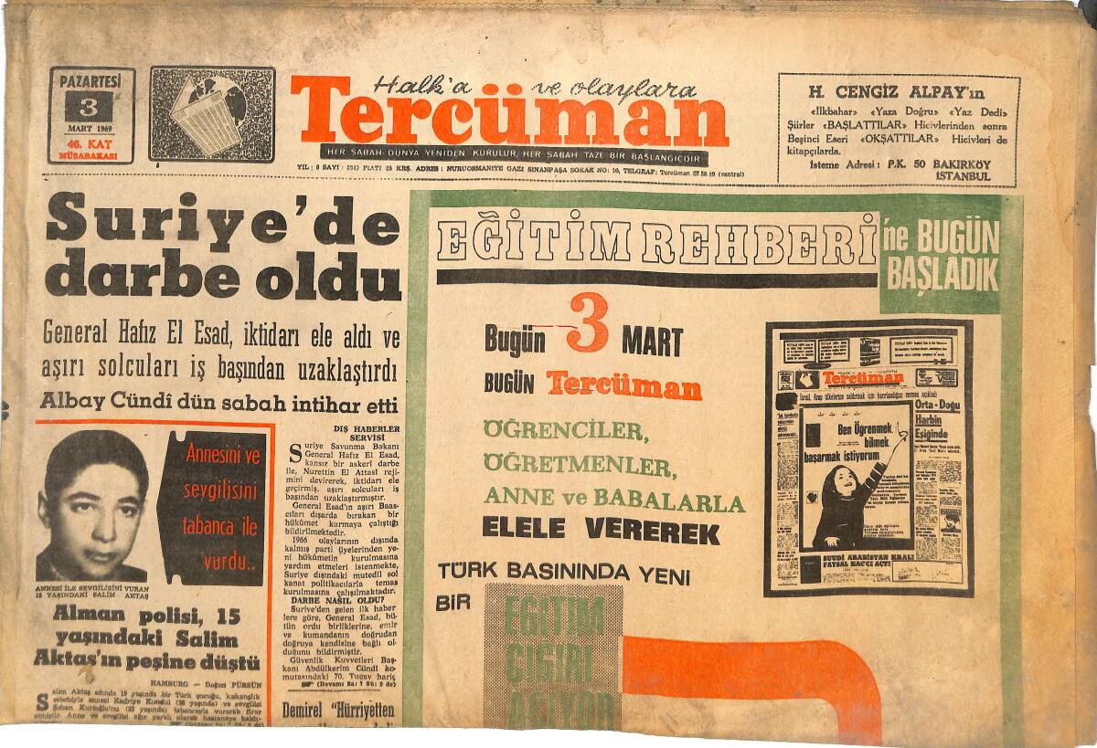 Tercüman Gazetesi 3 Mart 1969 - Suriye'de Darbe Oldu! - Beşiktaş Hızlı Başladı, Sonunu Getiremedi! GZ145018 - 1