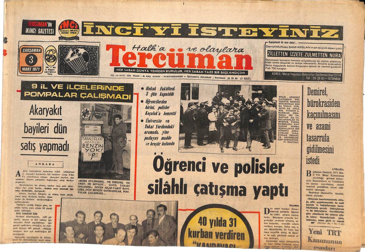Tercüman Gazetesi 3 Mart 1971 - Rize'nin 3 Köyü Barış İmzaladı - Akaryakıt Bayileri Dün Satış Yapmadı GZ144770 - 1